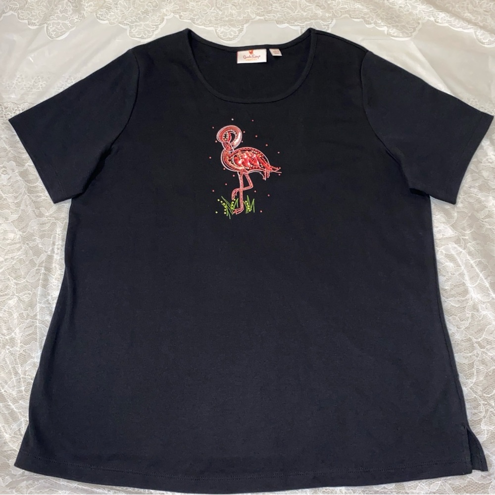 Vintage Quacker Factory Black Top Pink Flamingo Bedazzled Sequins Size Large